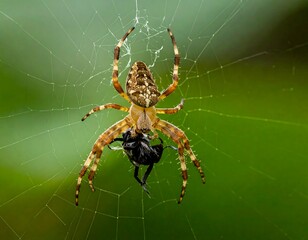 Obraz premium Spider with prey on web in blurred background
