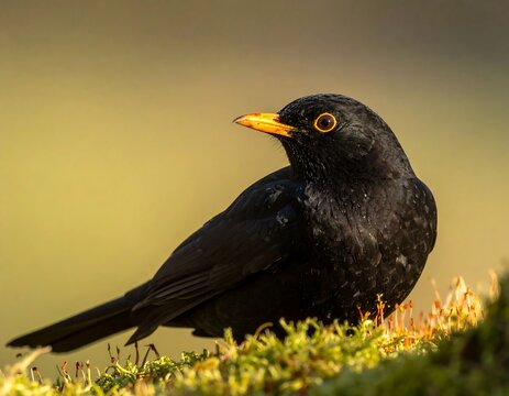 Close-up of a blackbird perched on moss
