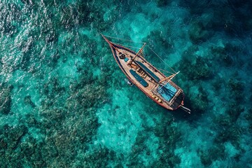 Fototapeta premium Sailboat Floating in Clear Turquoise Ocean Waters with Shallow Reef Areas