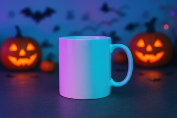 Photorealistic mockup of a blank white ceramic mug with Halloween neon decorations.