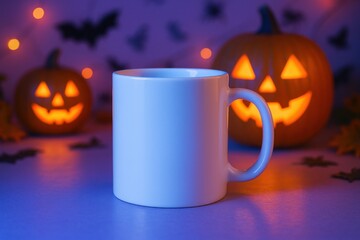 Photorealistic mockup of a blank white ceramic mug with Halloween neon decorations.