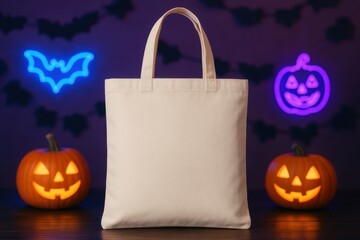 Photorealistic mockup of a blank white tote bag with Halloween neon decorations.
