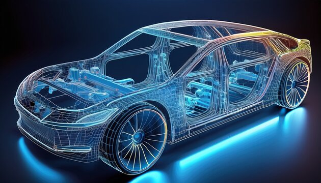 a wireframe rendering of a car chassis showing the detailed construction and internal components
