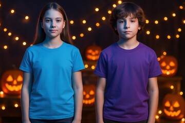 Photorealistic mockup of an empty t-shirt on a girl and a boys with Halloween neon glow, pumpkins, and cozy festive vibe.