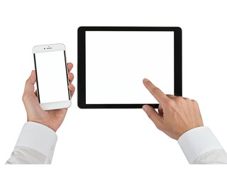 Hands holding smartphone and tablet device interacting with screens showing information and applications isolated on transparent background