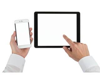 Hands holding smartphone and tablet device interacting with screens showing information and applications isolated on transparent background
