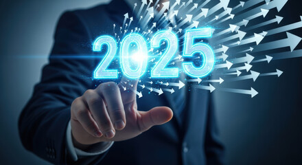Obraz premium Projecting Growth and Success in 2025 A Businessman Touching a Holographic Display of the Year 2025 Surrounded by Arrows Indicating Forward Momentum