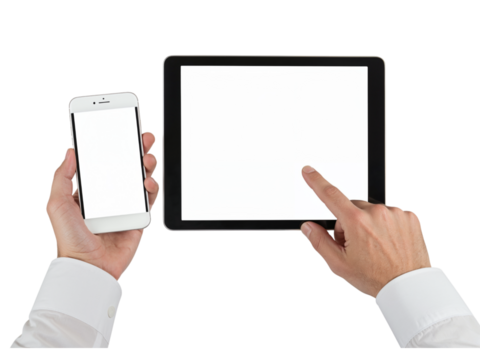 Hands holding smartphone and tablet device interacting with screens showing information and applications isolated on transparent background
