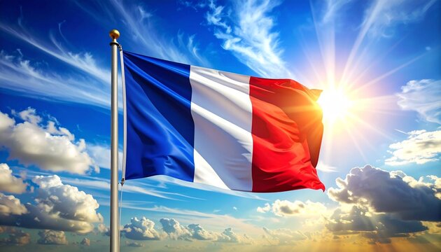 French flag waving against glowing sky, symbolizing national pride.