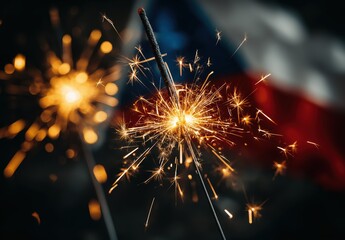 close-up of sparklers with a czech flag in the background, symbolizing festive joy and national pride on a holiday, Czech Republic celebration concept. 