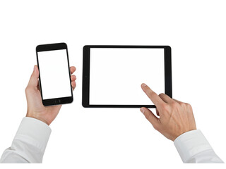 Person using smartphone and digital tablet devices for technology and business tasks isolated on transparent background
