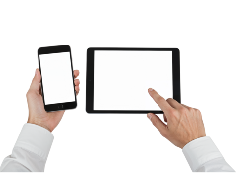 Person using smartphone and digital tablet devices for technology and business tasks isolated on transparent background