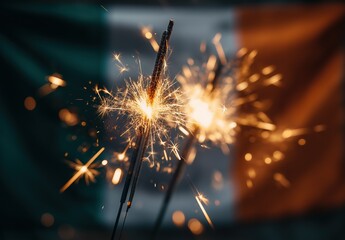 close-up of sparklers with a large irish flag in the background, symbolizing festive joy and national pride on a holiday, Ireland celebration concept. 
