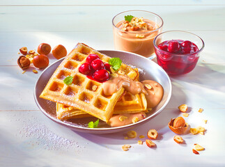 Waffeln mit Nuss Pudding und Kirschen, backen, Dessert, Teig, 