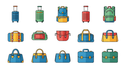 Colorful luggage icons for travel adventures and vacation planning fun
