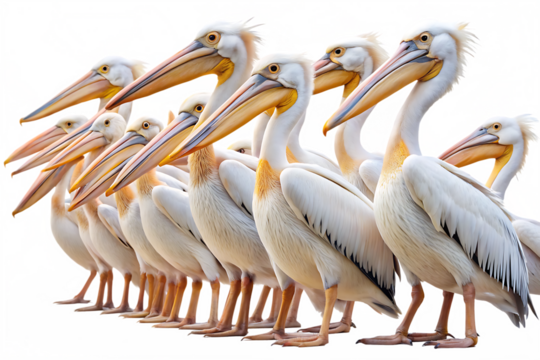 Flock of white pelicans with yellow beaks isolated on a transparent background birds - Powered by Adobe