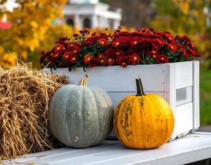 Autumnal display of pumpkins and flowers in a white wooden crate