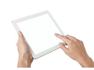 Hands holding tablet device interacting with touchscreen display technology isolated on transparent background