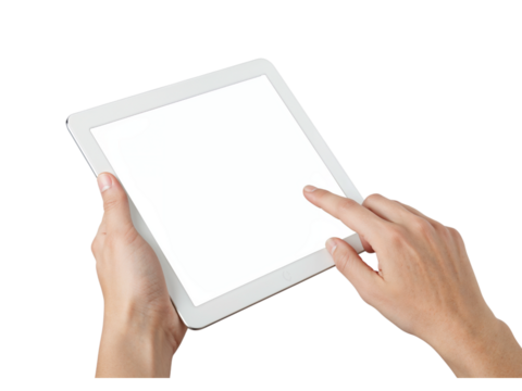 Hands holding tablet device interacting with touchscreen display technology isolated on transparent background