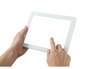 Hands holding a white tablet device with a finger interacting with the screen isolated on transparent background