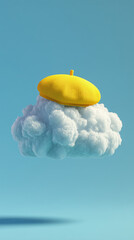Career path composition. Writer hat with cloud on blue background. Minimal fashion, hobby concept.