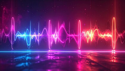 A vibrant digital illustration of a sound wave. Neon lines pulse with energy across a reflective surface. The color palette moves from blue to purple to red
