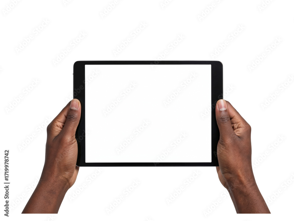 Wall mural hands holding tablet device displaying digital content screen interface isolated on transparent back