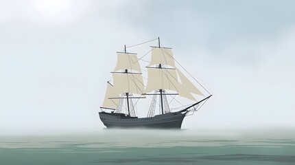 Obraz premium Serene Sailing Ship in Misty Morning: A Calm, Vintage-Style Illustration of a Three-Masted Brigantine at Sea.