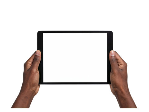 Hands holding tablet device displaying digital content screen interface isolated on transparent background
