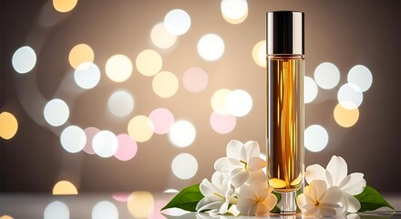 Elegant perfume bottle with flowers and bokeh lights for luxurious essence promotion and presentation