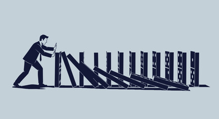 Conceptual illustration depicting a businessman stopping a domino effect to prevent a crisis