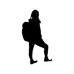 A bold silhouette of a young girl, likely a teenager, carrying a large backpack, positioned in a dynamic stance, suggests a journey or exploration.