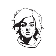 Black and white close up illustration of a beautiful woman face minimalist elegant line art drawing