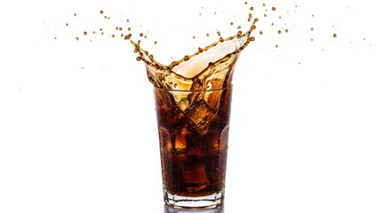 Refreshing cola drink splashing in a tall glass filled with ice cubes against a white background.