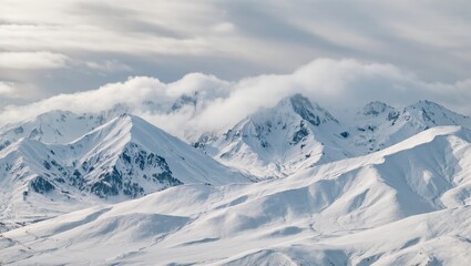 Majestic snow-covered mountains, vast white landscapes, serene winter scene, ideal for nature-themed projects and inspiration.