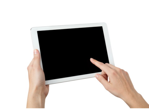 Hands holding and touching a blank white tablet device on a dark surface isolated on transparent background