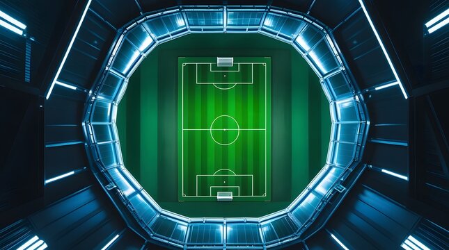 Futuristic Indoor Soccer Field: Aerial View, Neon Blue Lighting, Modern Stadium Design, Green Turf, Overhead Perspective, Sports Technology Concept. - Powered by Adobe