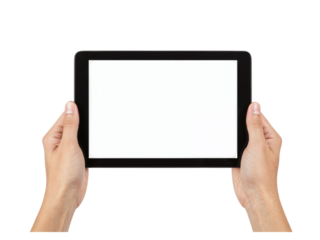 Hands holding a tablet device with a gray screen showcasing digital technology isolated on transparent background