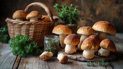 Freshly picked wild mushrooms displayed on a rustic wooden table next to a woven basket filled with more mushrooms