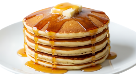 A delectable stack of golden pancakes, topped with a melting pat of butter and drizzled with rich maple syrup, isolated on transparent background, perfect for breakfast or brunch themed visuals