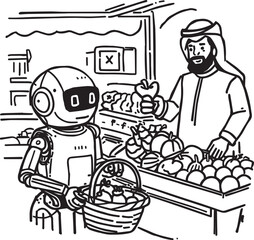 A diverse set of vector illustrations showing robots in creative, caregiving, coding, farming, and transport roles. EPS-ready line art for education, innovation, and future lifestyle themes.