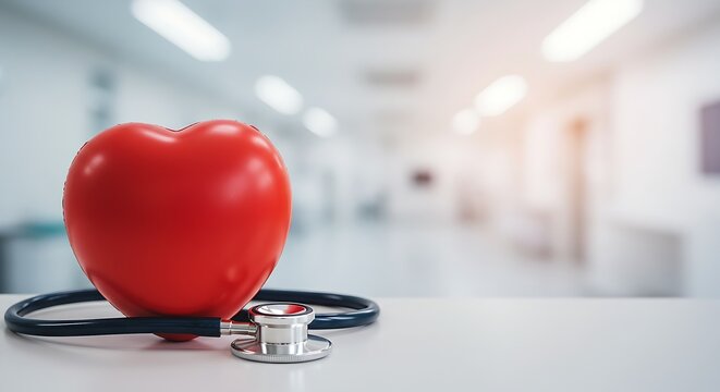 Heart.Red heart love shape hand exercise ball with doctor physician stethoscope on hospital background, Hospital life insurance concept, World heart health day, World hypertension day