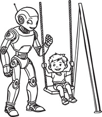 A diverse set of vector illustrations showing robots in creative, caregiving, coding, farming, and transport roles. EPS-ready line art for education, innovation, and future lifestyle themes.