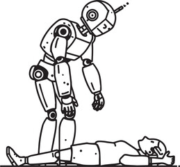 A diverse set of vector illustrations showing robots in creative, caregiving, coding, farming, and transport roles. EPS-ready line art for education, innovation, and future lifestyle themes.