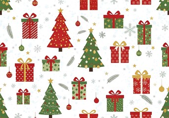 Festive christmas trees and gifts seamless pattern celebration background