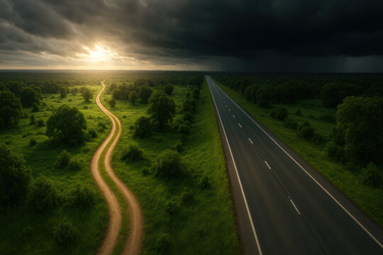 Two diverging roads across lush green fields under storm clouds and bright light, one narrow dirt road leading into sunlight and one wide paved road into shadow, biblical metaphor