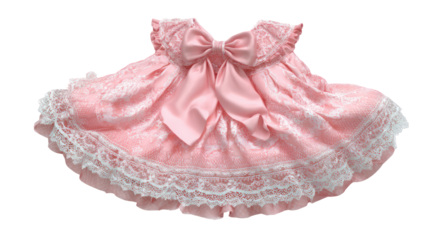 Pink satin baby dress with lace trim and bow isolated on transparent background