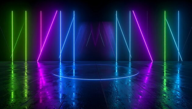 Abstract neon light installation with vertical and circular elements reflecting on a glossy floor. Geometric, vibrant