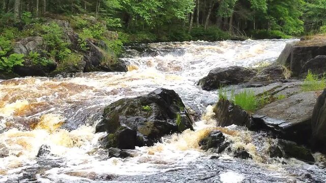 Meyer&rsquo;s Falls waterfall cascading over rugged rock ledges in Florence County, Wisconsin, surrounded by lush forest scenery and flowing water in a natural setting.