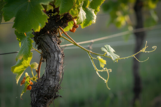 Old vine trunk with new branches sprouting, Christian metaphor of spiritual renewal, abiding in Christ, and the fruitfulness that comes from connection to the vine